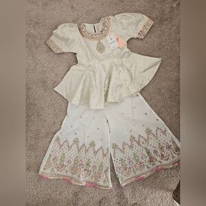 Girl's Embroidered Peplum Top & Wide-Leg Pants Set